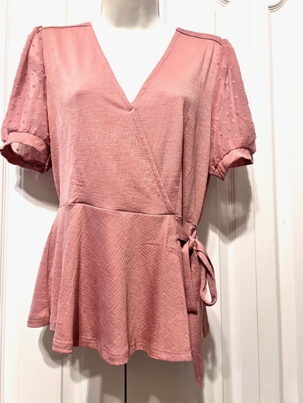 Meraki Women's Stretch Tie Side Wrap Ruffy Knot Short Sleeves-Large-Pinkish-Comf